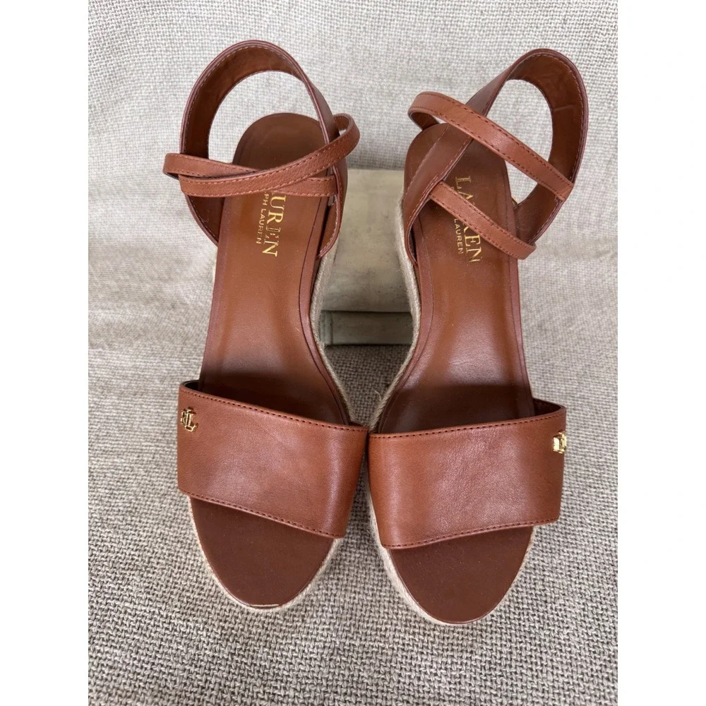 Lauren Ralph Lauren Delores Espadrille‎ Wedge Sandals Brown Leather 7B